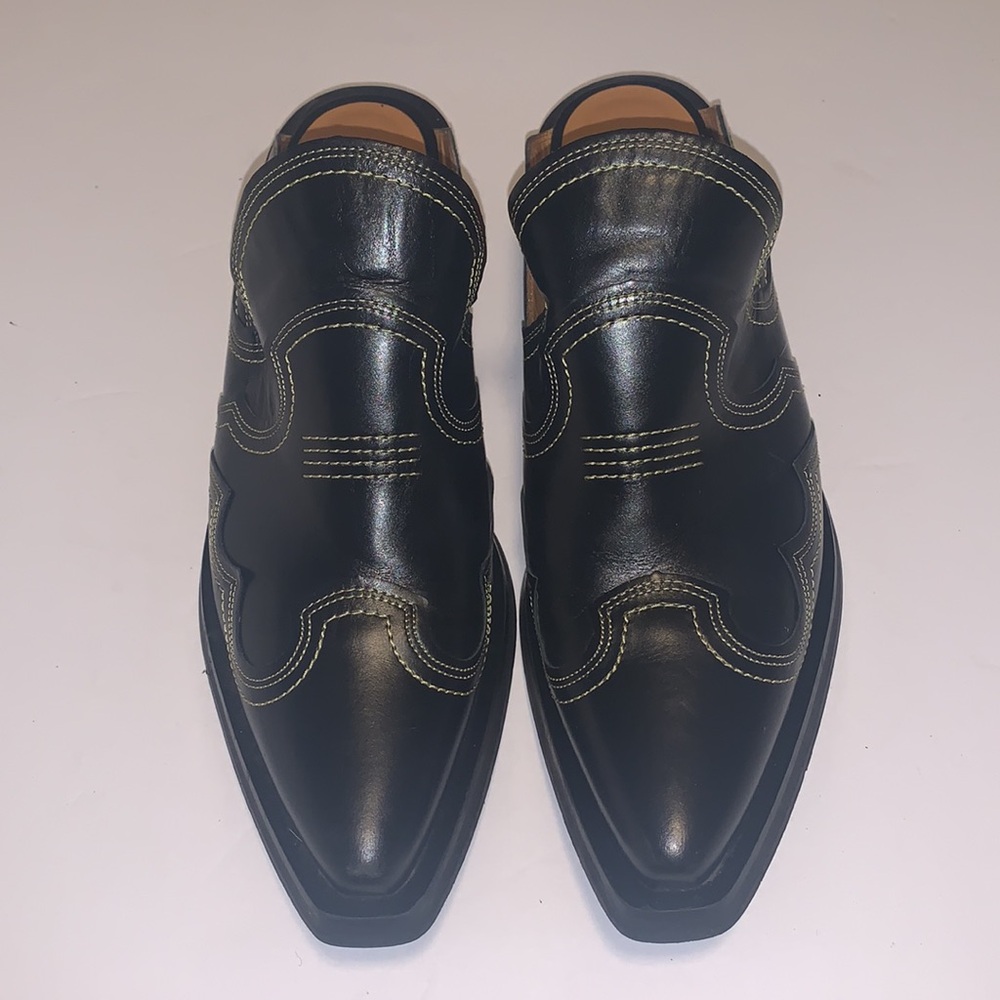 Ganni Black Leather Pointed Mules with Contrast Stitching